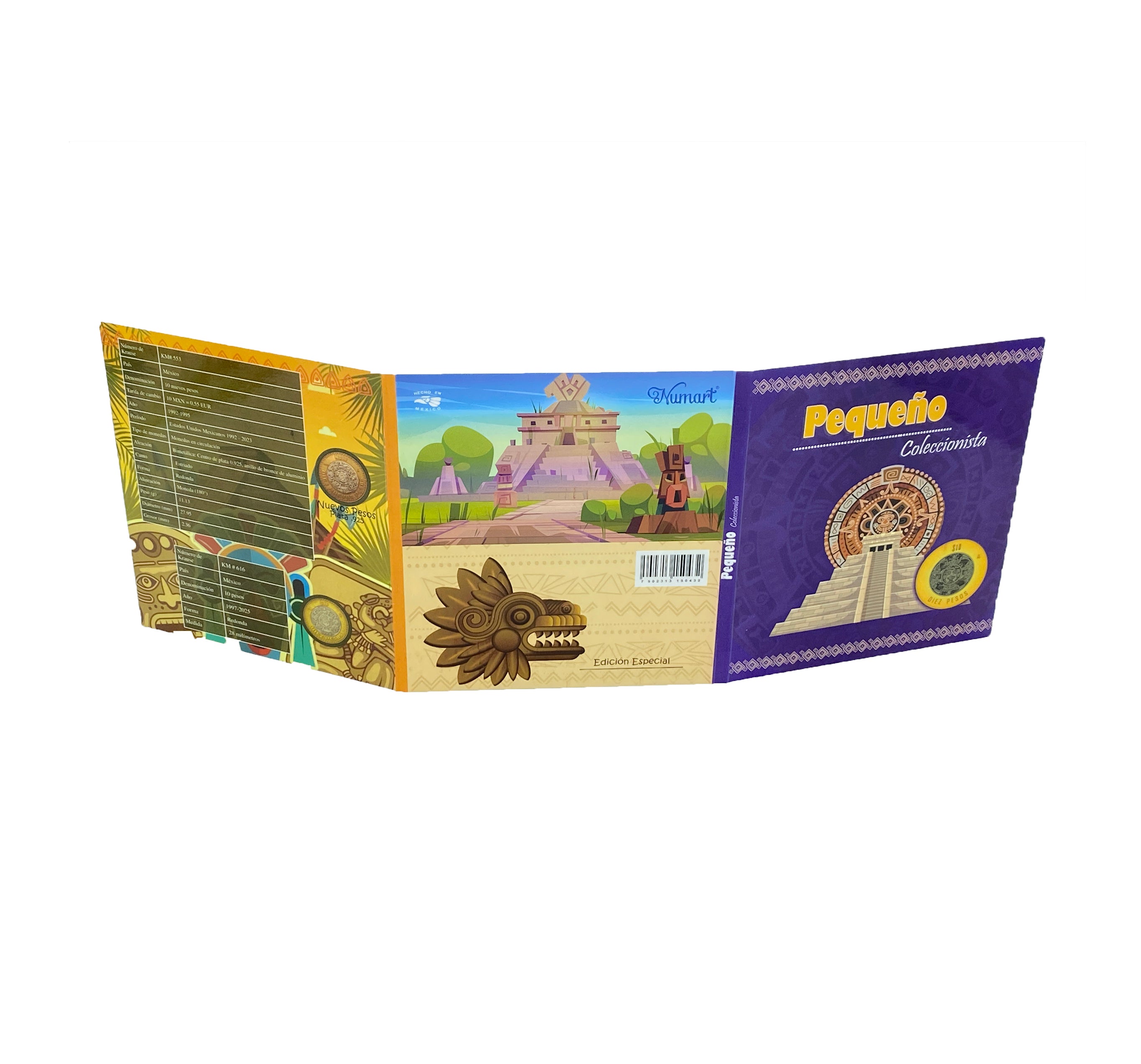 Álbum tríptico para coleccionistas de monedas mexicanas, ideal para monedas de 10 pesos, incluye espacio para monedas de 1992 a la fecha, con diseño vibrante y cubre polvo. Imágenes de culturas antiguas de México. Álbum tríptico para coleccionistas de monedas mexicanas, ideal para monedas de 10 pesos, incluye espacio para monedas de 1992 a la fecha, con diseño vibrante y cubre polvo. Imágenes de culturas antiguas de México.